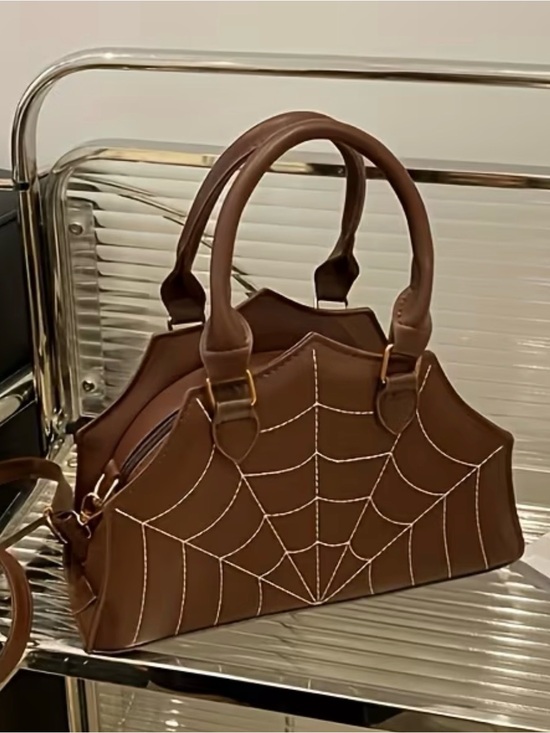 Handbags - Brown Spiderweb-Embroidered Satchel Handbag